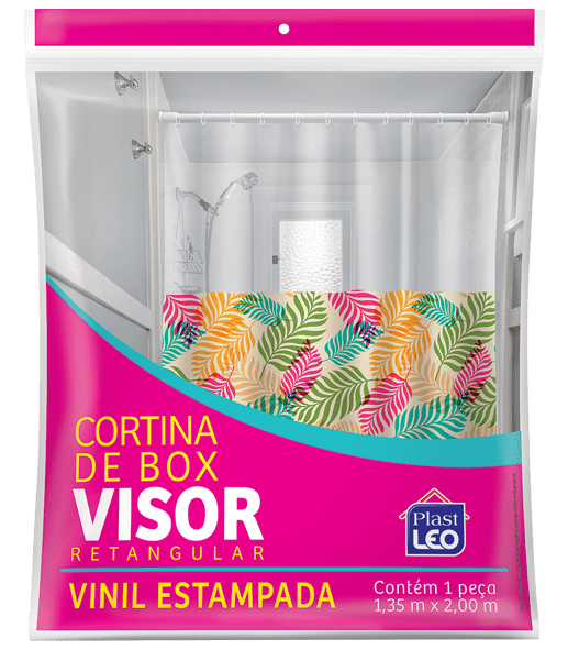 Cortina de Box Vinil Visor Retangular Transparente e Saia Estampada - Coqueiro